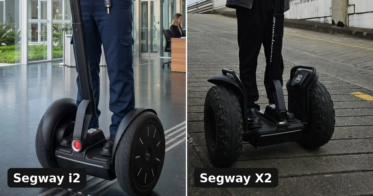 Segway i2 em área interna de edifício, à esquerda, e Segway X2 em rampa de estacionamento, à direita